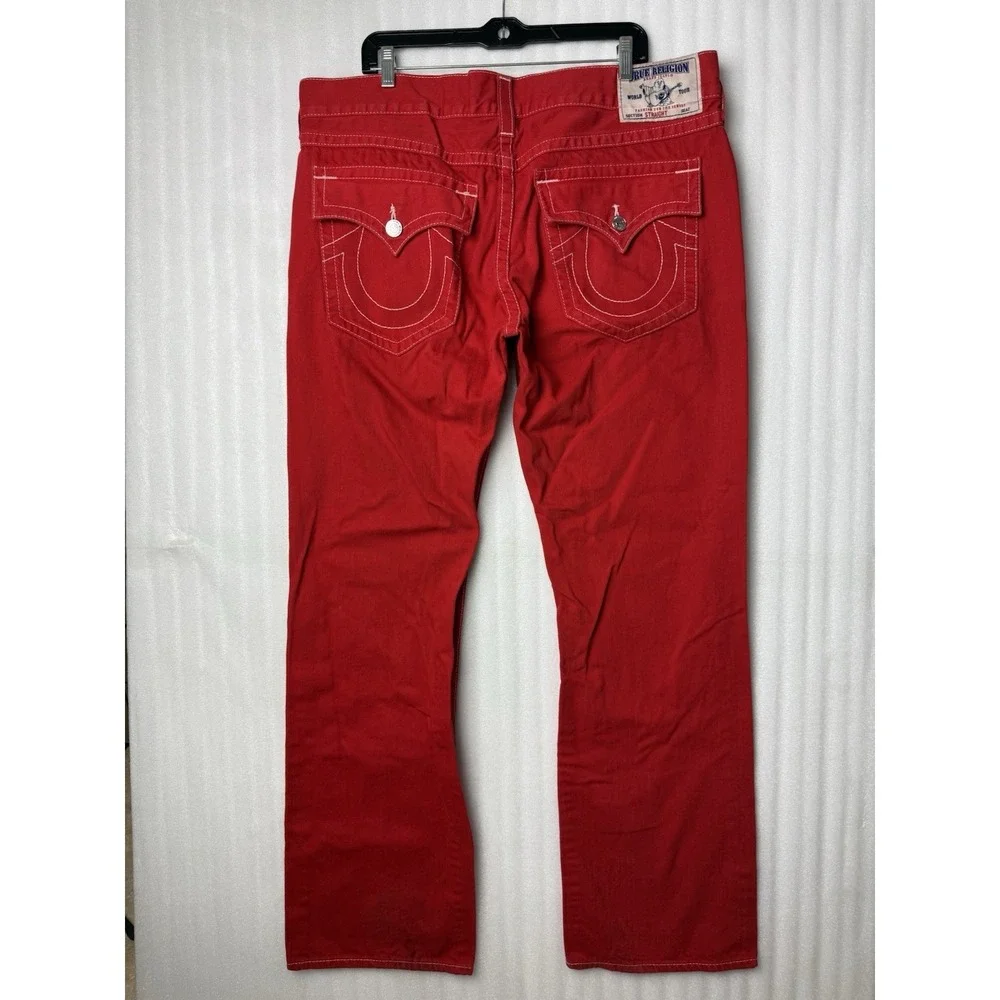 VTG Y2K True Religion Jeans Mens 40x34 Red Straight Flap Pocket Thick Stitch